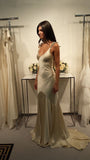 Ivory Long Satin Rhinestone Embellished Ball Gown Evening Dress Bridal Wedding Dress HZ1023