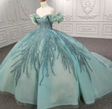 Green gorgeous shiny exquisite beaded long tulle floor-length princess ball gown evening dress Dress HZ1023