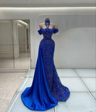 Blue luxury gorgeous fashion exquisite beading long elegant satin ball gown evening dress party dress HZ1023