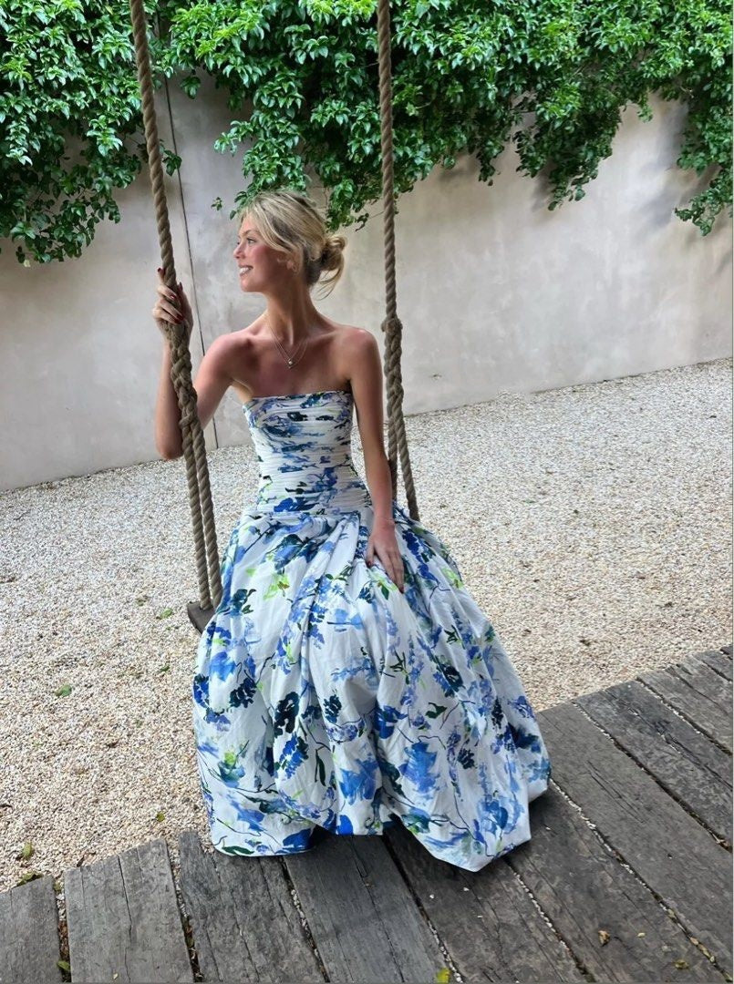 Strapless Print Floral Long Prom Dress Evening Gown HZ1023