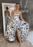 Strapless Print Floral Long Prom Dress Evening Gown HZ1023