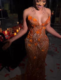 Orange Luxury Shiny Beaded V Neck Sexy Elegant Mermaid Slim Fit Long Floor Length Train Ball Gown Evening Gown Party Dress Prom Dress HZ1023