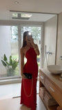 Red suspenders stylish slim elegant long satin ball gown evening dress HZ1023
