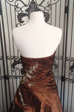 Brown Gorgeous Vintage Exquisite Applique Tube Top Long Elegant Satin Ball Gown Evening Dress HZ1023