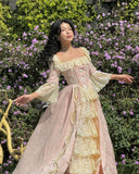 Pink Retro Sweet Fashion Exquisite Lace Square Neck Long Prom Dress Evening Dress Garden Party Dress HZ1023