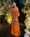 Yellow Brown Elegant Solid Color Fashion Off Shoulder Chic Ruffle Long Evening Dress Party Dress Wedding Guest Dress HZ1023