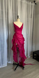 Pink fashion V-neck long chiffon ruffled ball gown, evening dress, party dress HZ1023