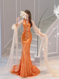 Orange Gorgeous Shiny Elegant Long Sleeve Tulle Long Sequin Mermaid Slim Ball Gown Evening Dress Party Dress HZ1023