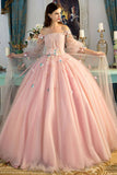 Pink delicate floral applique fairy long sleeves long tulle ball gown evening dress HZ1023