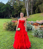Red sweetheart neck tube top stylish elegant layered tulle long ball gown evening dress HZ1023