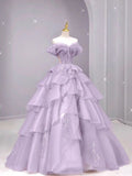 Purple Fairy Gorgeous Elegant Fashion A-Line Off-the-shoulder Long Tulle Ball Gown Evening Dress HZ1023