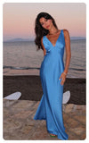 Blue simple elegant V-neck long satin ball gown evening dress HZ1023