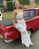 Blue floral lace ruffle long two piece suit evening gown party dress HZ1023