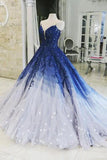 Blue Shiny Elegant V-Neck Applique Gradient Long Ball Gown Prom Dress Evening Dress Adult Ceremony Dress HZ1023