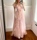 Pink sweet cute long tulle ball gown evening dress Christmas holiday party dress HZ1023