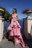Pink Tube Top Fashion Elegant Layered Long Satin Ball Gown Evening Dress Party Dress HZ1023