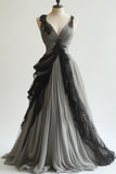 Gray Retro Fashion Exquisite Black Lace V-neck A-line Long Tulle Ball Gown Evening Gown Wedding Dress HZ1023