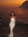 White fashion cross strap elegant simple long satin floor-length mermaid ball gown evening dress HZ1023