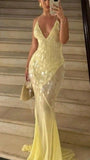 Yellow V-neck sequined mermaid slim long tulle ball gown evening dress party dress HZ1023