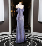 Purple Shiny Elegant Spaghetti Straps Sexy Slit Long Mermaid Slim Sequin Ball Gown Evening Dress HZ1023