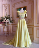 Yellow gorgeous exquisite wide straps floral long floor length train satin formal custom ball gown evening dress HZ1023