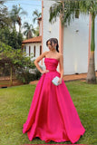 Pink tube top simple elegant long satin ball gown evening dress HZ1023
