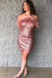 Red Gorgeous Shiny Off Shoulder Feather Bodycon Mini Short Homecoming Dress Party Dress HZ1023