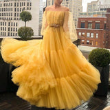 Yellow pretty fairy elegant exquisite beading A-line long sleeve long tulle ball gown evening dress HZ1023