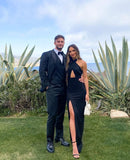 Black simple fashion elegant suspenders long sexy slit satin evening dress party dress prom dress HZ1023