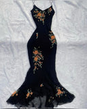 Black shiny elegant spaghetti straps orange floral beading slim fit long mermaid chiffon ball gown evening dress HZ1023