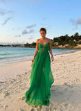 Green A-line V-neck halter chiffon long evening gown party dress wedding guest dress HZ1023