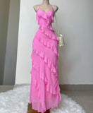 Pink Spaghetti Straps Fashion Elegant Long Chiffon Ruffle Ball Gown Evening Dress Party Dress HZ1023