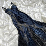 Blue gorgeous exquisite applique lace spaghetti straps long satin prom dress evening dress party dress HZ1023
