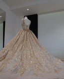 Nude pink gorgeous shiny gold sequins elegant long tulle sequin ball gown evening dress HZ1023