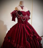 Burgundy Vintage Fashion Beaded Exquisite Lace Long Elegant Velvet Floor Length Princess Court Style Tiered Ball Gown Evening Dress HZ1023