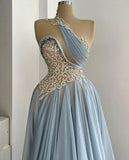 Blue gorgeous shiny beaded long tulle sexy elegant floor-length ball gown evening dress HZ1023