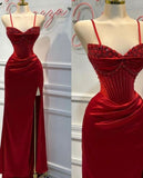 Red Fashion Elegant Exquisite Beaded Spaghetti Straps Long Sexy Slit Satin Ball Gown Evening Dress Party Dress HZ1023