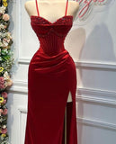 Red Fashion Elegant Exquisite Beaded Spaghetti Straps Long Sexy Slit Satin Ball Gown Evening Dress Party Dress HZ1023