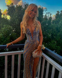 Gorgeous beaded sexy elegant V-neck low-cut long slit prom dress evening gown party dress HZ1023