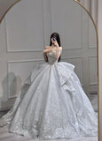 Silver Gorgeous Luxury Shiny Sequins Rhinestone Beaded Ruffle Fluffy Tulle Long Ball Gown Evening Dress Wedding Dress HZ1023