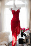 Red Fashion Elegant Delicate Floral Beaded Spaghetti Strap Midi Ruffle Mermaid Slim Fit Lace Chiffon Ball Gown Birthday Party Dress Evening Gown Prom Dress HZ1023
