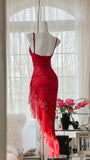 Red Fashion Elegant Delicate Floral Beaded Spaghetti Strap Midi Ruffle Mermaid Slim Fit Lace Chiffon Ball Gown Birthday Party Dress Evening Gown Prom Dress HZ1023