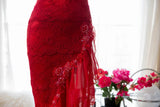 Red Fashion Elegant Delicate Floral Beaded Spaghetti Strap Midi Ruffle Mermaid Slim Fit Lace Chiffon Ball Gown Birthday Party Dress Evening Gown Prom Dress HZ1023