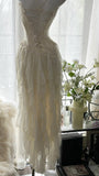 Ivory White Romantic Elegant Exquisite Beaded Backless Long Chiffon Ruffle Homecoming Dress Prom Dress Evening Dress Birthday Holiday Party Dress HZ1023