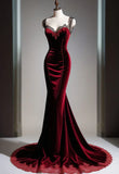 Burgundy Gorgeous Exquisite Beaded Lace Long Velvet Elegant Mermaid Slim Fishtail Ball Gown Evening Gown Party Dress HZ1023