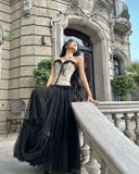 Black Floral Corset Stylish Elegant Long Tulle Ball Gown Evening Gown Garden Party Gown Graduation Gown Prom Gown Wedding Guest Party Dress HZ1023