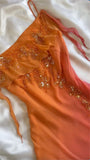 Orange Gradient Exquisite Beaded Spaghetti Strap Midi Chiffon Slim Ball Gown Evening Dress Party Dress Prom Dress HZ1023