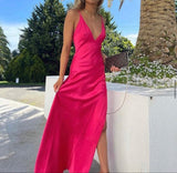 Hot pink A-line V-neck sleeveless long satin prom dress evening gown party dress HZ1023
