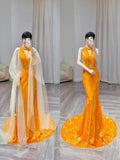 Orange Gorgeous Shiny Elegant Long Sleeve Tulle Long Sequin Mermaid Slim Ball Gown Evening Dress Party Dress HZ1023