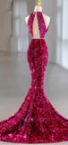 Pink Gorgeous Shiny Exquisite Beaded Halter Long Mermaid Slim Sequin Floor Length Ball Gown Evening Gown Party Dress HZ1023